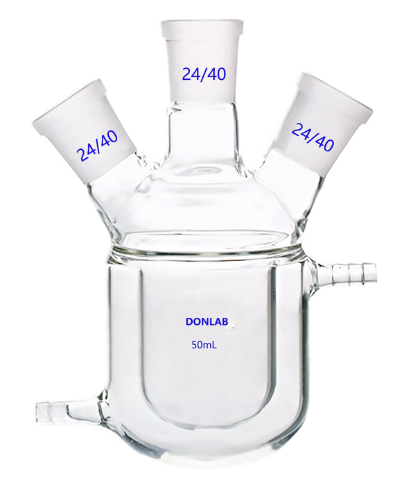 DONLAB CFK Glass 3-Neck Double Layer Round Bottom Reaction Flask Jacketed Reactor, with Three 24/40 Ground Glass Joints