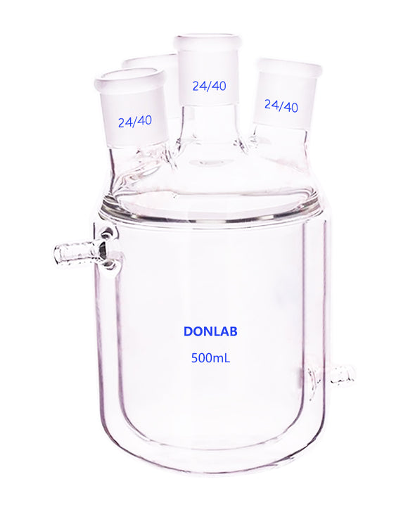 DONLAB CFP Glass 4-Neck Double Layer Round Bottom Reaction Flask Jacketed Reactor, with Four 24/40 Ground Glass Joints