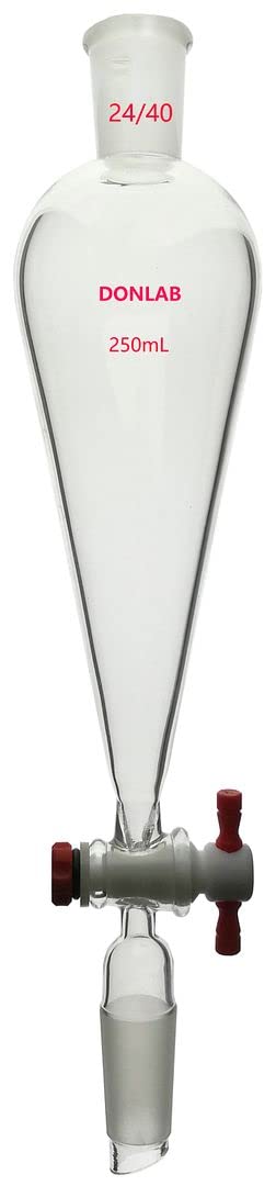 DONLAB FUN-01-250 ASTM STD Glass 250ml Squibb Style Separatory Funnel with 24/40 Joints 4mm PTFE Stopcock Conical Shape