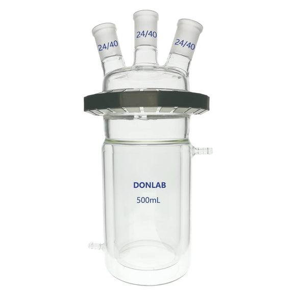 DONLAB REA-04 3-Neck/4-Neck Double-Layer Cylindrical Reaction Kettle Flask,W/Lid & Clamp & Reaction Flask